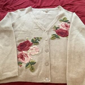 Garnet Hill Cream Cardigan with Floral Embroidery